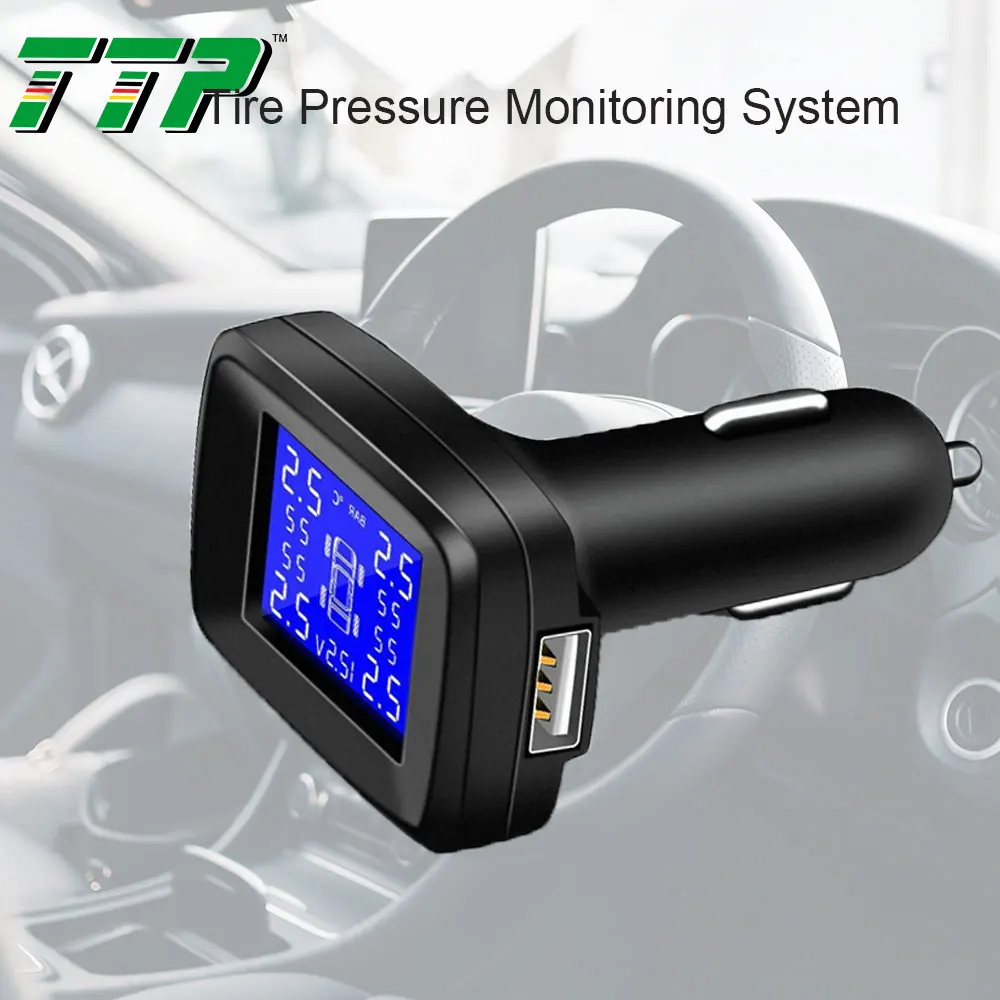 

Universal TPMS Tire Pressure Monitoring System 4 Wheel External USB Charging Cigarette Lighter Plug Wireless LCD Display