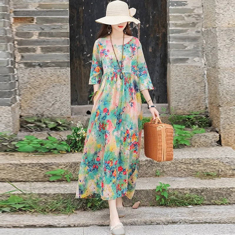 Women Summer Cotton Linen Long Dress New Arrival 2021 Vintage Style Floral  Print Loose Ladies A-line Casual Dresses B629 - AliExpress