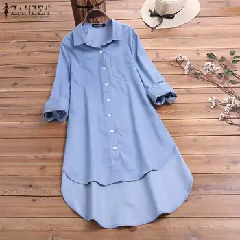 

ZANZEA Autumn Women Lapel Neck Denim Blue Blouse Asymmetrical Hem Shirt Vestido Solid Blusas Femininas Long Sleeve Long Tops