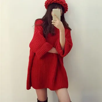 

Winter Sweater Women Autumn Winter Solid Color Bat Sleeved Round Collar Loose Bottom Sweet