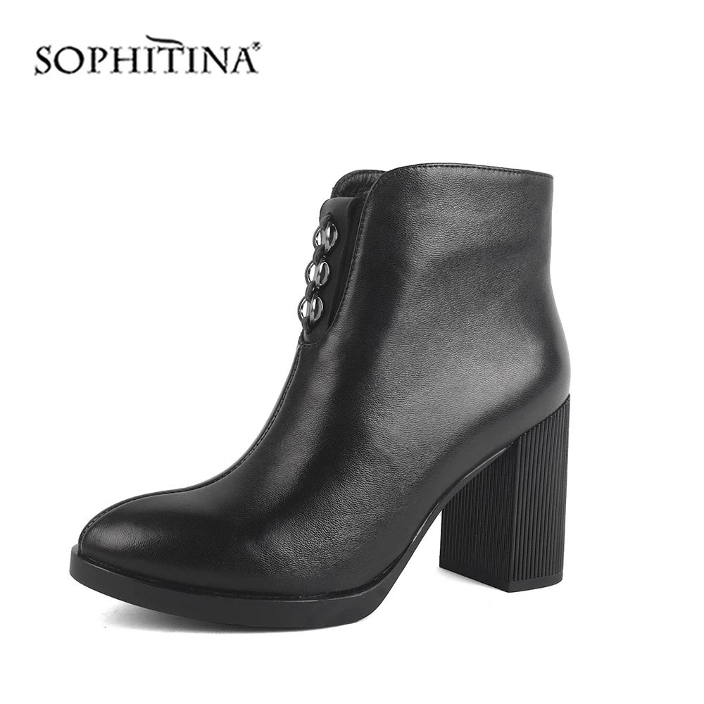

SOPHITINA Women's Boots High Quality Sheepskin Fashion Metal Decoration Comfortable Round Toe Shoes Zipper Ankle Boots C515