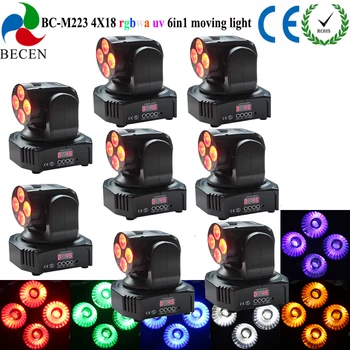 

Remote Control 4x18W RGBWA UV 6in1 MINI Led Moving Head Light Stage Light for Christmas Wedding Show 8pcs US Stock