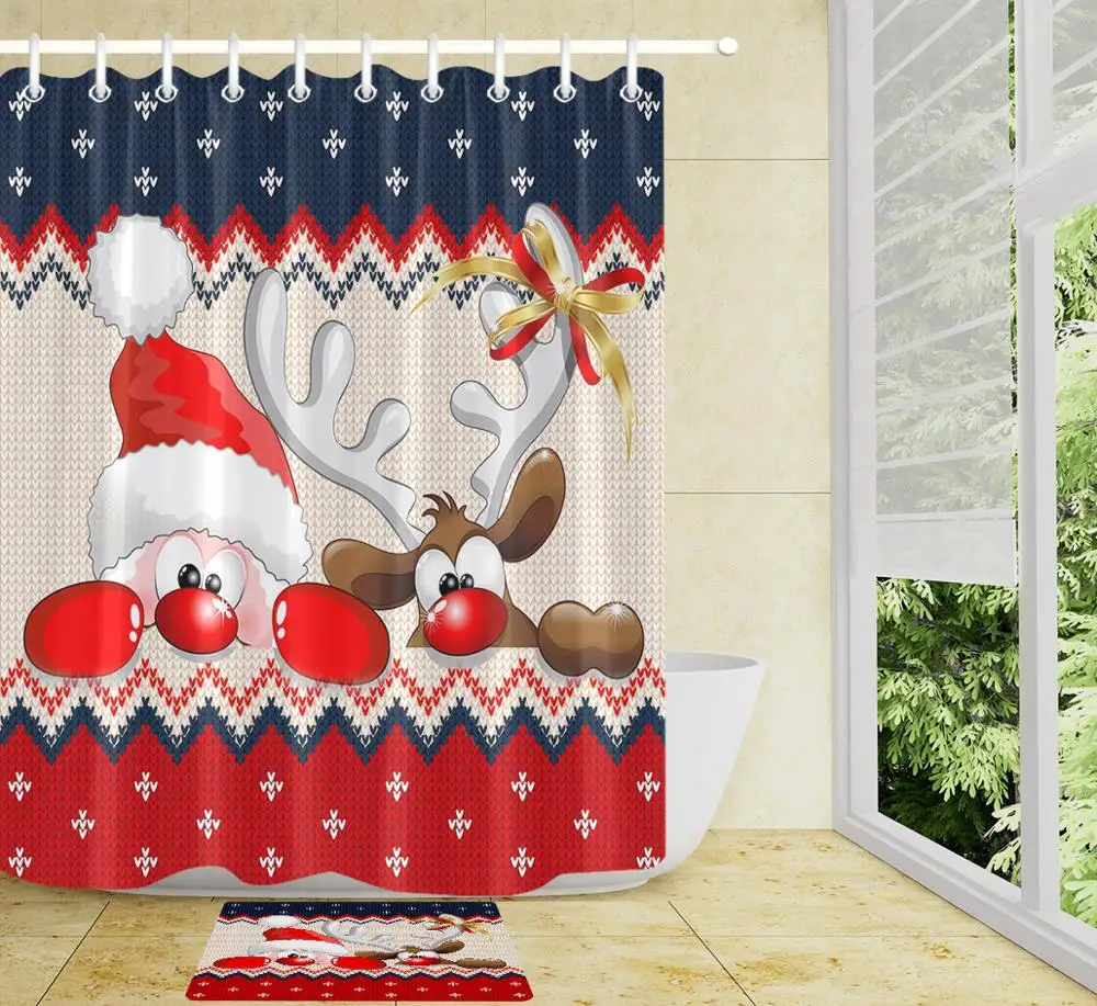 Sweater Pattern Christmas Polyester Bathroom Curtains Waterproof Santa