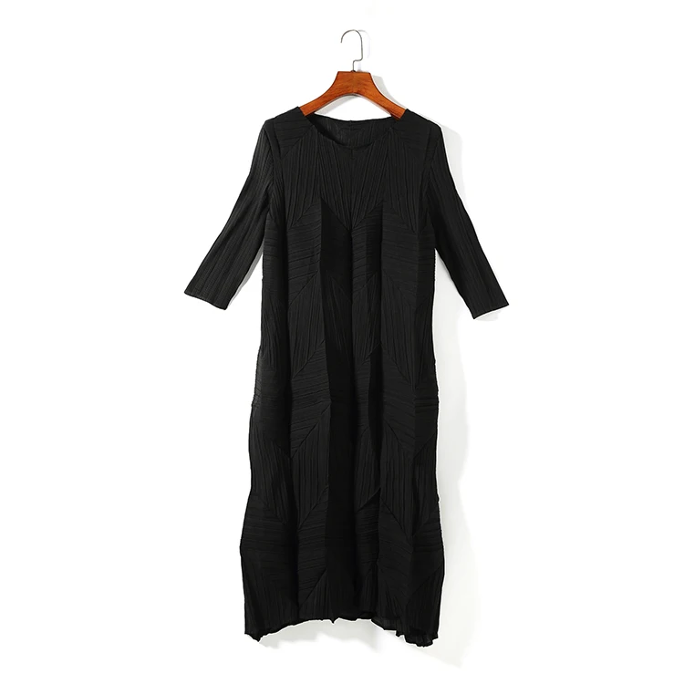 Black Changpleat осенние новые женские платья Miyak плиссированные Модные Дизайнерские однотонные с круглым вырезом 3/4 рукав Свободные Большие размеры женское платье - Цвет: Black