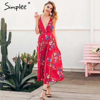 

Simplee Sexy v neck backless print jumpsuit romper women Lace up halter high waist short overalls Split wide leg summer jumpsuit
