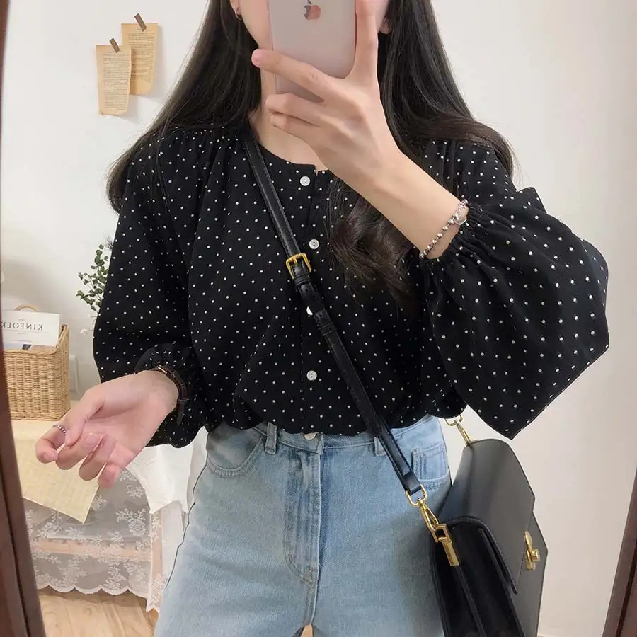 S XL, Новая Винтажная рубашка в горошек, женские топы, женские блузки с длинными рукавами для девочек, большие размеры, осенние женские блузки, femme Blusas