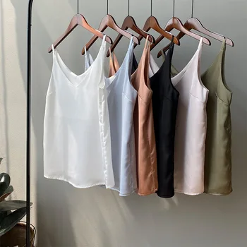 

2020 Chic Boho Pure Color Satin Material Tank Tops Sexy Boho Women V-Neck Tank Top Female Women Summer White Camis