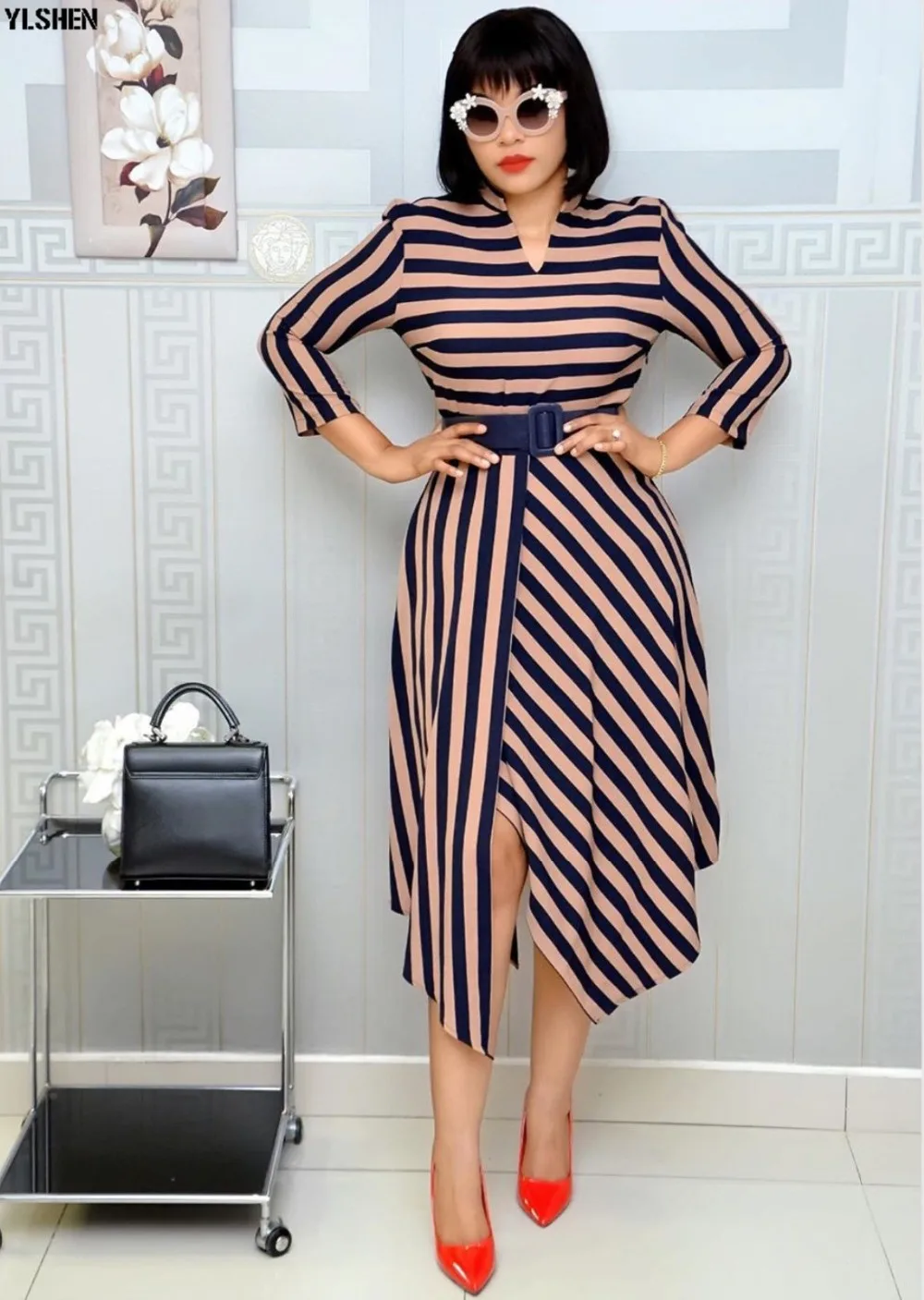 African Dresses For Women Stripe Africa Clothing Ankara Long Dress High Quality Length Fashion African Dress For Lady With Belt 31