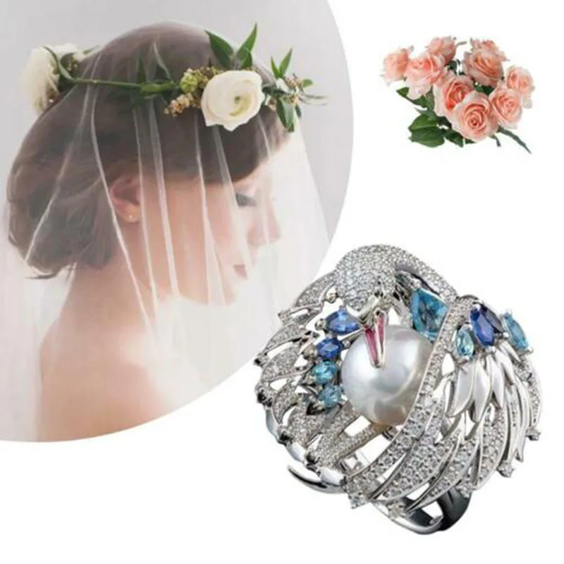 Classic White Swan Inlay Pearl Rings For Women Luxury Crystal Wings  Color CZ Wedding  Statement Jewelry Gift Z3P389
