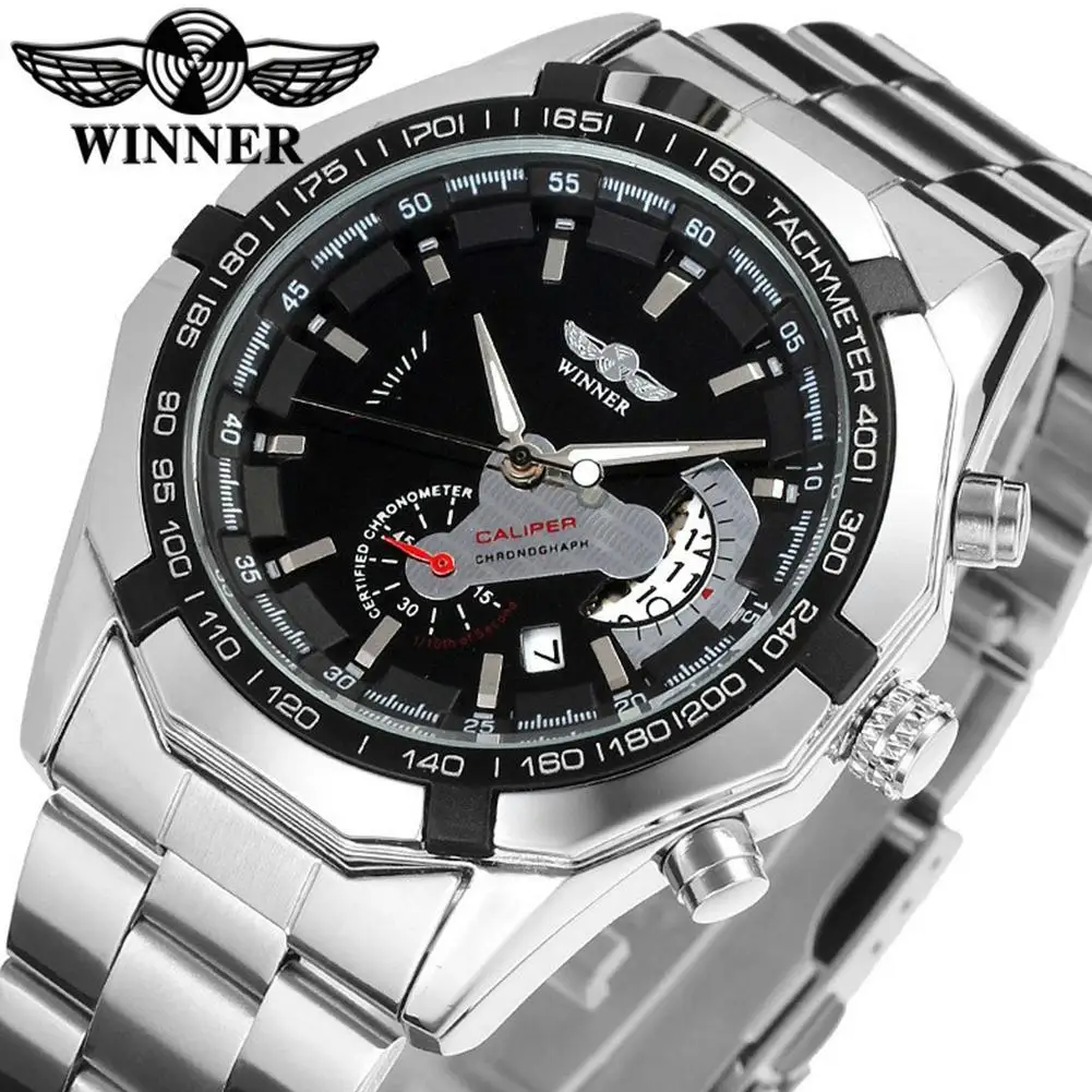 Hot Sale Winner Watches Men Sports Watches  Stainless Steel Band Auto Date Automatic Mechanical Wristwatches Small seconds Watch