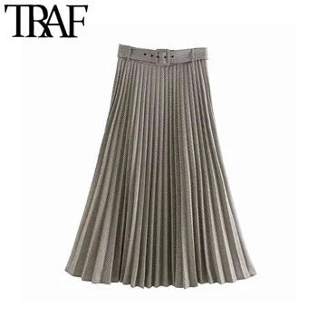 

TRAF Women Chic Fashion Office Wear Houndstooth Pleated Midi Skirt Vintage High Waist With Belt Plaid Female Skirts Faldas Mujer