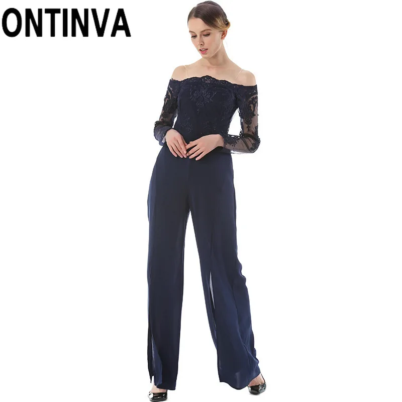 

Female Dark Blue Off Shoulder Lace and Chiffon Slit Full Length Jumpsuits Office Lady Elegant Sexy Wide-Leg Split Overalls Pants