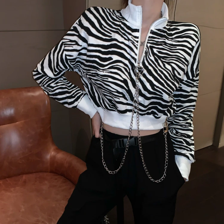 

Korean Autumn New Personality Sweatshirts Harajuku Zebra Pattern Chain Design Loose Full Sleeve Pullovers Zipper Short Sweatshir