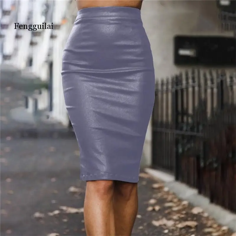 

Women Autumn Winter Knee-Length PU Zippers Skirts Ladies Solid Sexy Slim Fashion Split Pencil Skirts Size