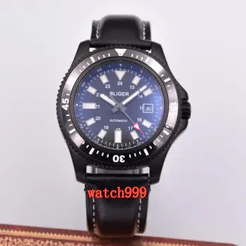 

44mm BLIGER black luminous automatic men's fashion casual watch leather belt stainless steel case waterproof mechanical watch