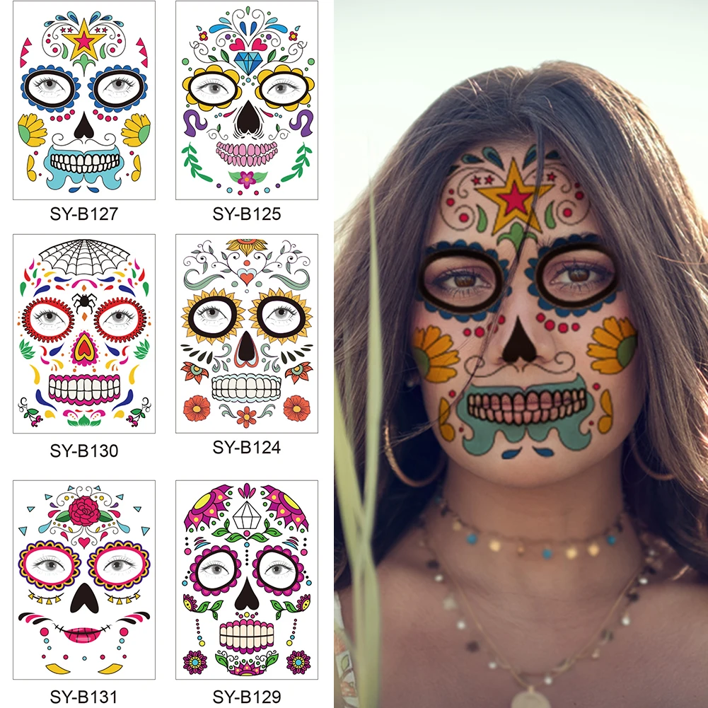 9pcs Skeleton Party Gruesome Costume Prop Realistic Halloween Face Temporary Tattoos Non Toxic Festival Fancy Dress Masquerade