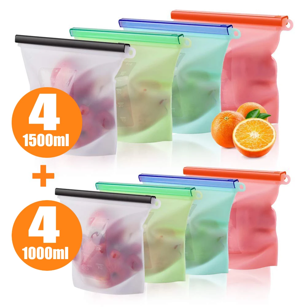 

1000ml 1500ml Reusable Silicone Food Storage Bag Eco Ziplock Seal Silicone Storage Bags Container For Food Freezer Fresh Bags