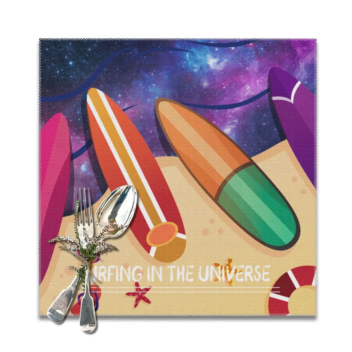 

Placemat for dining table CoastersSurfing In The Universe Surfboard Polyster Cup Coffee Table Mats Kitchen 6pcs Home Decor