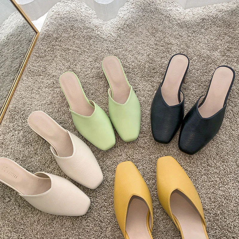 Leather Mules Shoes Woman fashion Slides Women Square Toe Mules Closed Toe Pantuflas High heel Slippers s272