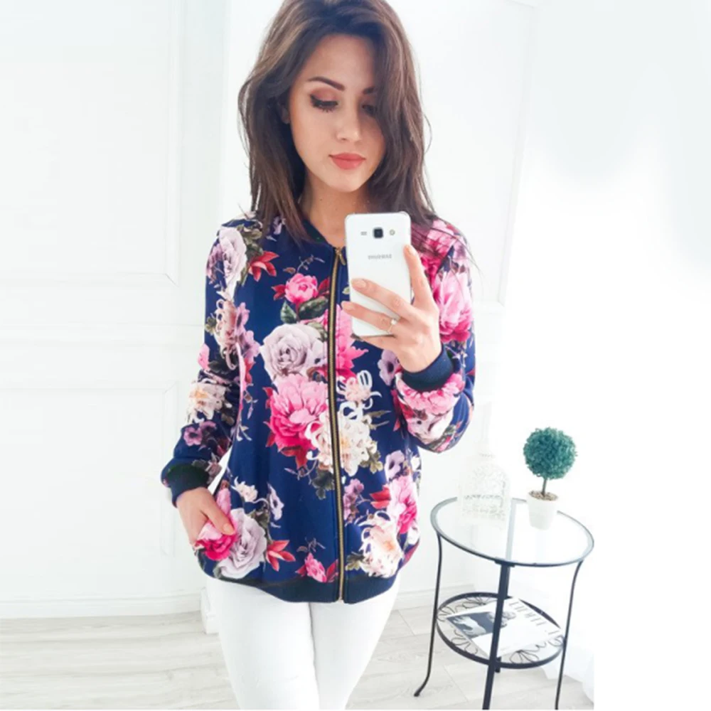 amazing Retro Floral Printed Short Jacket Woman Zipper Bomber Female Spring Outwear Casual Long Sleeve Wome