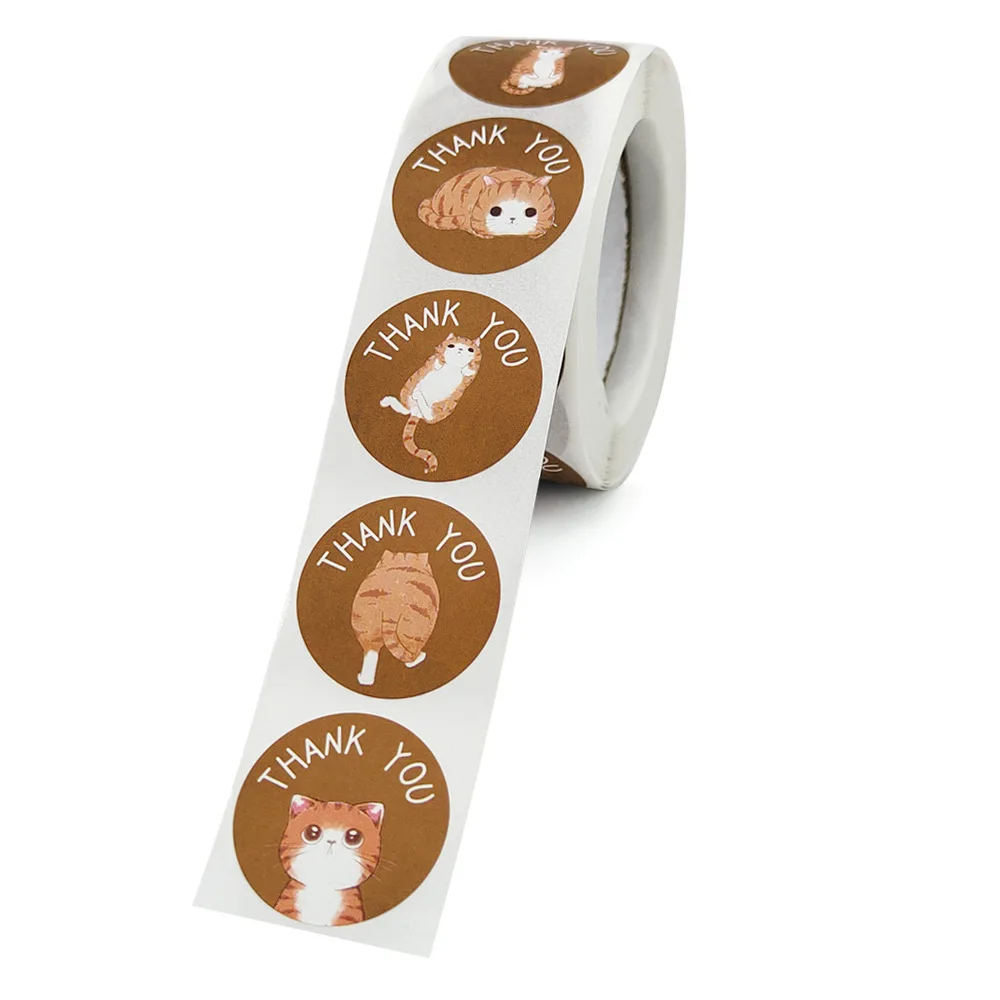 Kawaii Cat Thank You Stickers 100-500pcs Round Cartoon Animal Adhesive Labels