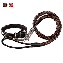 Heavy Big Dog Explosion-proof Dog Lead Rope Leather Braided Dog Collar Dog Leash Set Adjustable Collar Husky Large Medium Dogs