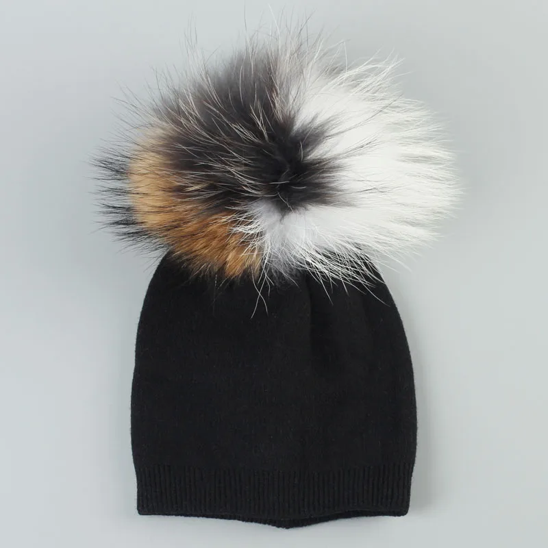 Осенне-зимняя шерстяная шапка Skullies Beanies с енотовым настоящим помпоном для новорожденных, мешковатая шапка для маленьких девочек и мальчиков, шапочка - Цвет: Black 3C-2