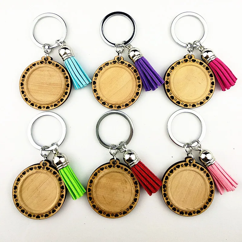 

Jiangzimei 24pcs hollow love, sunflower cats 25mm Wood Cabochon Stainless Steel Keychain Blank Wooden pendant with tassels