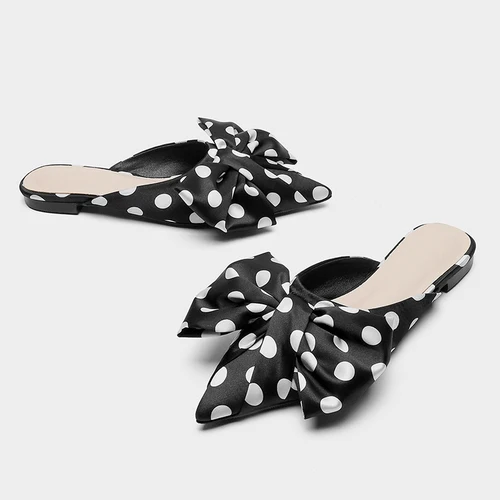 2020 Summer New Pointed Toe Baotou Half Slippers Polka Dot Bow Flat Heel Slipper Black dots