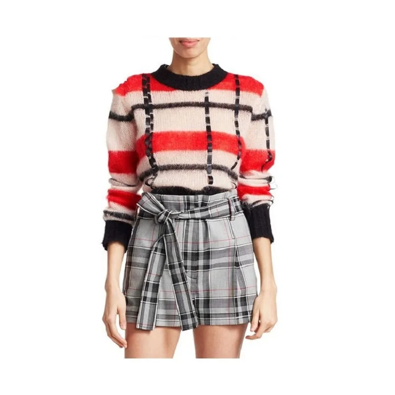 

Autumn Winter 2019 New French Style Plaid Knitted Sweater Women Casual Loose Stripes Pullovers Free Drop Shipping