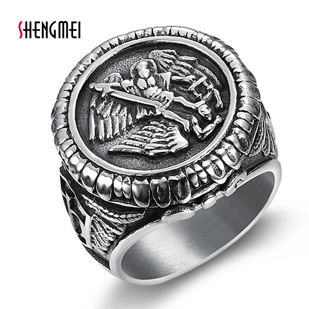 

Shengmei Handmade Stainless Steel Sliver Men Ring Finger Ring Punk Viking Style Men's Jewelry For Gift Size 7-14 SP410