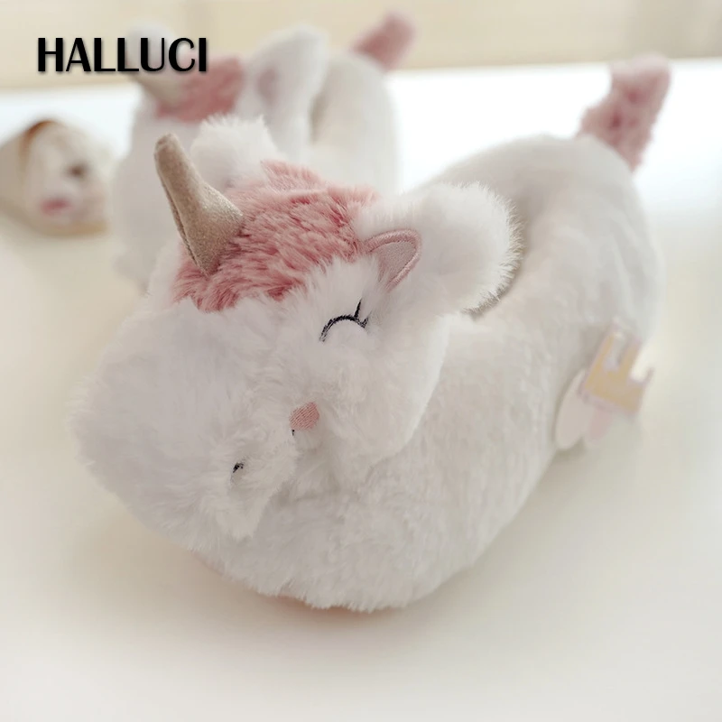 

HALLUCI Unicornio flats shoes woman winter warm home Slippers cute Plush indoor Bedroom non-slip cotton flats shoes women