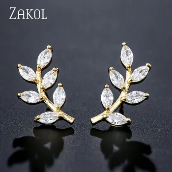 

ZAKOL New Arrival 2 Color Cubic Zircon Leaf Stud Earrings Fashion Crystal Female Wedding Active Dangle Style Gifts FSEP2494