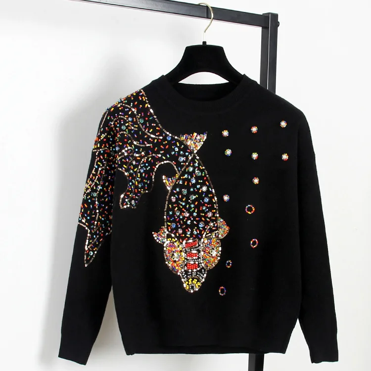 

Autumn 2019 new European and American women's wear Long sleeve round collar goldfish beads Knitting sweater
