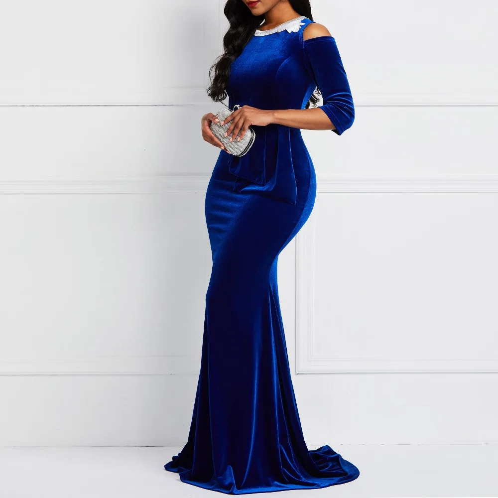 Королевское синее вечернее платье с глубоким вырезом, сексуальное модное платье русалки с рукавами 3/4, вечерние элегантные вечерние платья для девушек