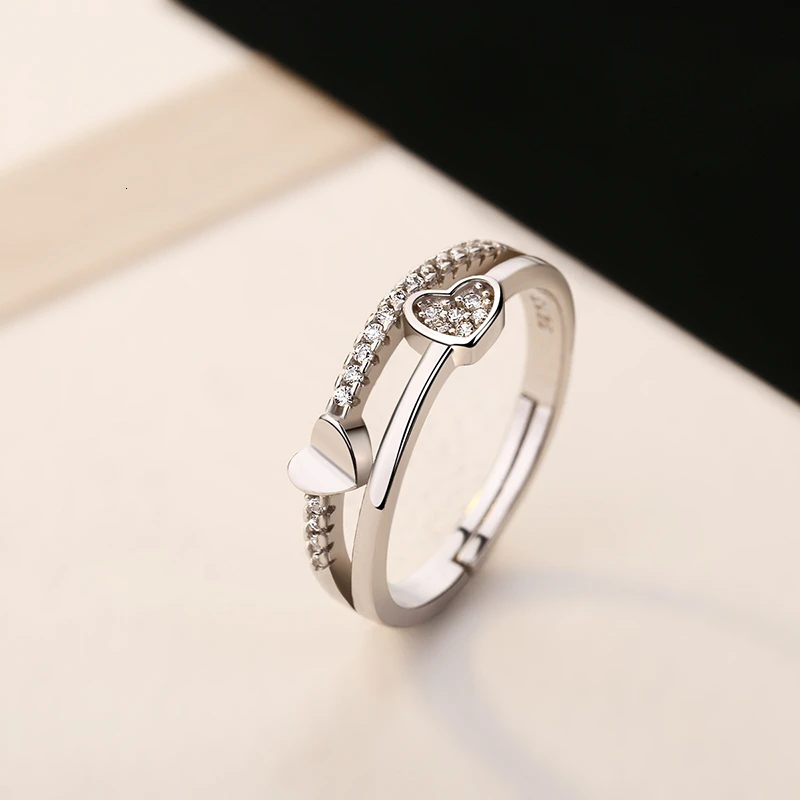 

ANFASNI Romantic Real 100% 925 Sterling Silver Double Heart CZ Resizable Rings for Women Fashion Finger Rings Wedding Jewelry