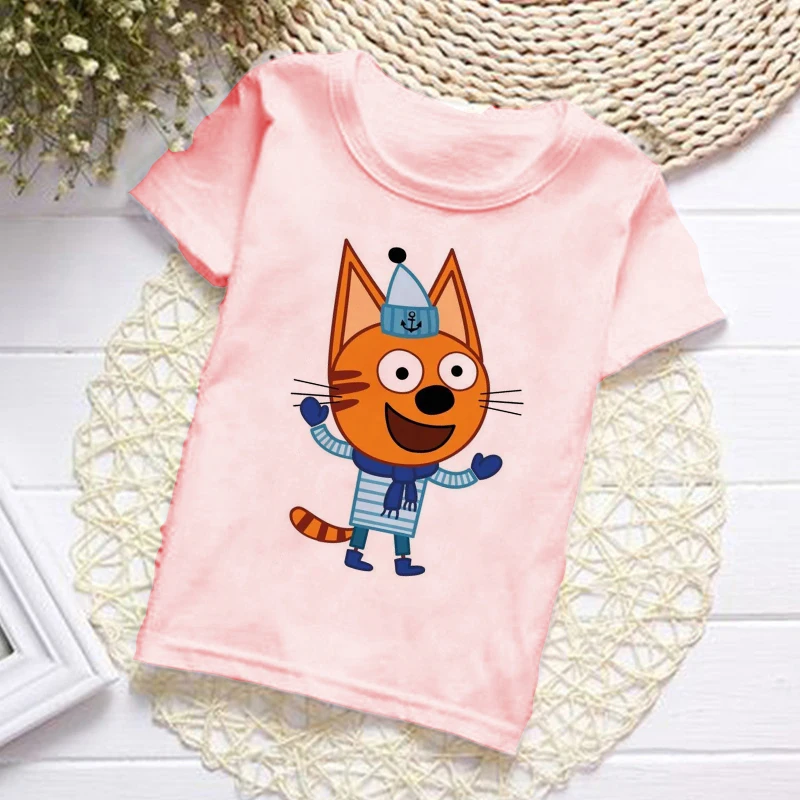 Summer Fashion Unisex Kid-e-cats T-shirt Children Boys Short Sleeves White Tees Baby Kids PinkTops For Girls Clothes 3 8Y Children T Shirt