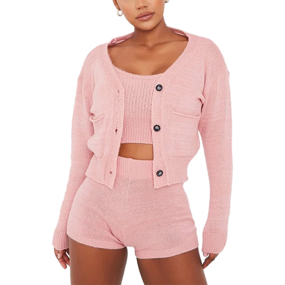 

Women Casual Cardigan Button Jacket Knitwear Sexy Navel Shorts Sets Two Piece Sets Tracksuits Women New Winter Sweaters