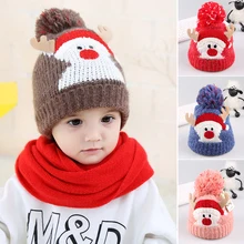 Зимние детские вязаные шапочки, Детские Рождественские шапки для девочек и мальчиков, теплые вязаные шапки с милым оленем и помпоном для новорожденных