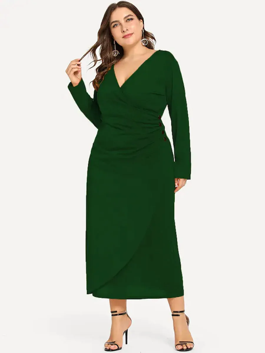 Платье размера плюс, осень, новинка, v-образный вырез, длинный рукав, талия, тонкая пуговица, украшение, платье, желтое, зеленое, женское длинное Повседневное платье, 5xl