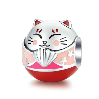 

Japan Kitty Cat Round Metal Beads for Women Charm Silver 925 Original Bracelet Bangle Enamel Funny DIY Jewelry SCC1341