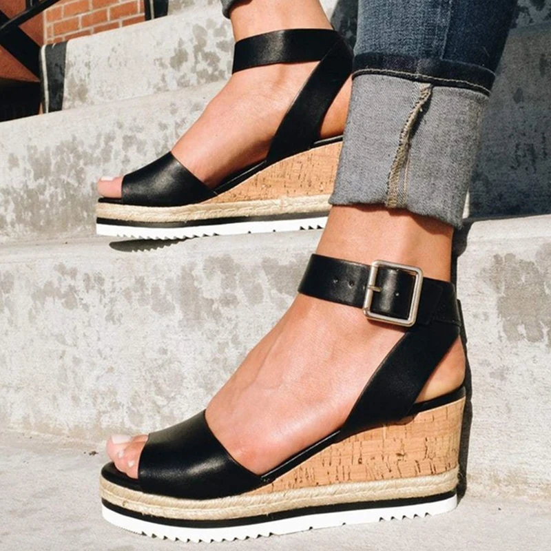Wedge Sandals Fish Mouth Open Toe Women Buckle Strap Rubber Sandals Golden Ankle Strap PU Shoes Lady Solid High Heel Shoes D25