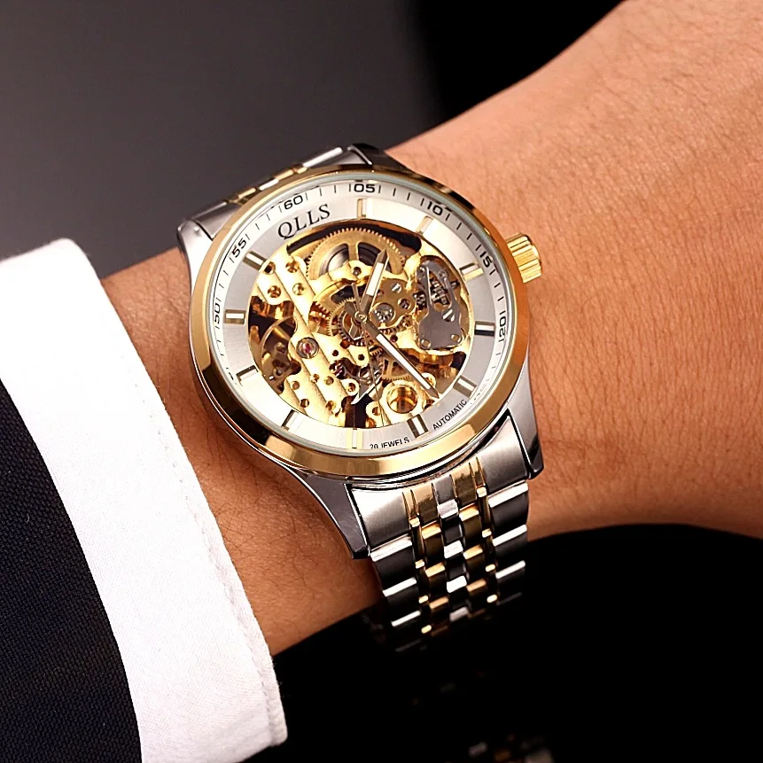 Мужские классические механические часы QLLS автоматические с каркасом Tourbillon из
