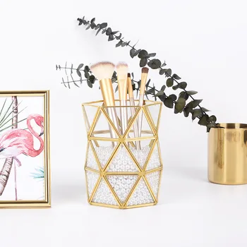 

Retro Metal Glass Copper Frame Makeup Brush Pen Holder Multifunctional Transparent Desktop Storage Box Geometry Decor Container