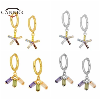 

CANNER 100% Real 925 Sterling Silver Hoop Earrings For Women Round Earring Star Color Zircon Pierced Cartilage Earings Jewelry