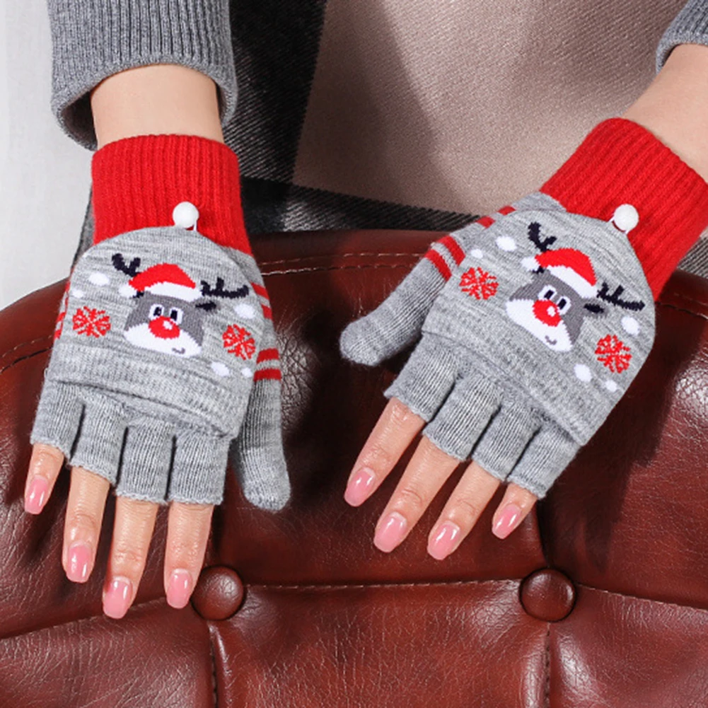 Женские перчатки на пол пальца зимние рождественские вязаные перчатки с принтом оленя и снеговика теплые рукавицы женские перчатки без пальцев