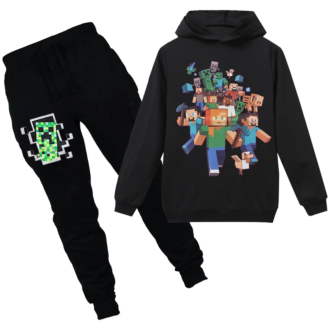 

2019 Children Boys Minecraft Halloween Creeper Costume Teen Spring Autumn Funny Green Zip-Up Hoodie Sweatshirt Suit For Kids