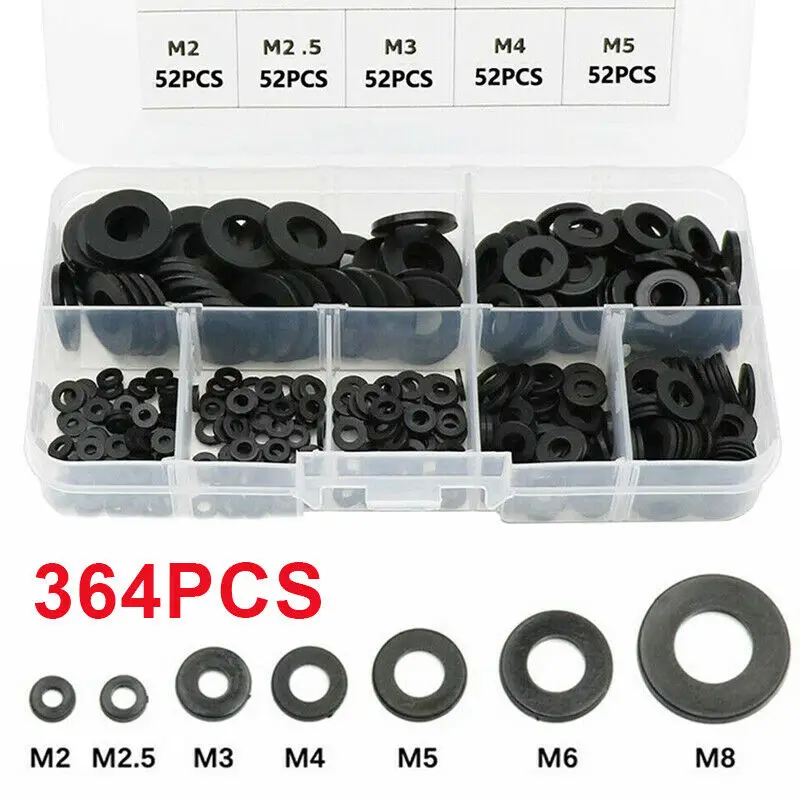 

364x Rubber Flat Ring Plain Repair Washer Gasket Tool For Metric M2~M8 + Box