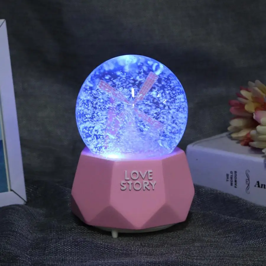 

Night Light Music Box Winter Lovers Snow Globe Glass Crystal Ball Music Box Craft Home Desktop Decor Wedding Gift