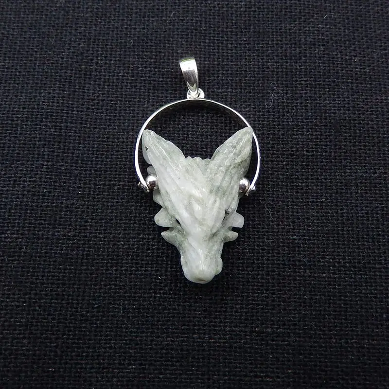 Carved Wolf Head Pyrite Gemstone Pendant Bead, 925 Sterling Silver Buckle.30x19x9mm,3g